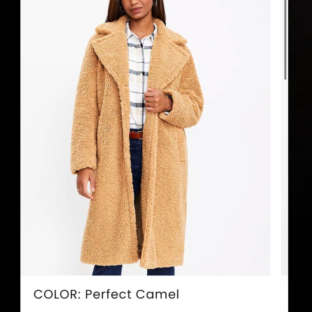 LOFT Perfect Camel Sherpa Long Coat Teddy Jacket NWT X-Small 0 2 Small 4 6